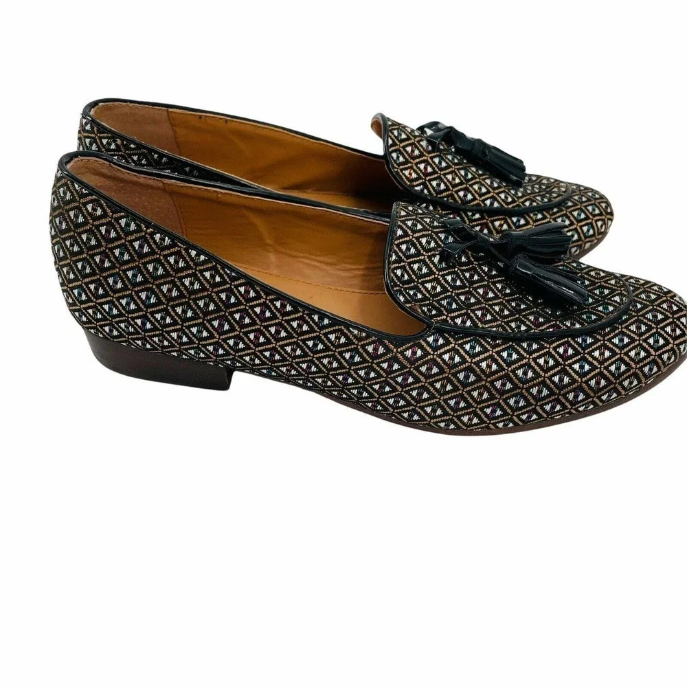 J Crew Womens Black E1345 Tassel Jacquard Stacked Heel Loafer Flat Size 5 Shoes